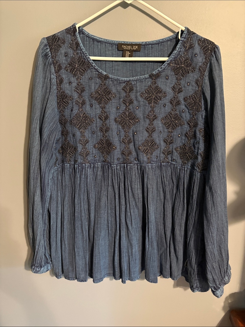 Rachel Zoe Slate Blue Embroidered Peasant Top